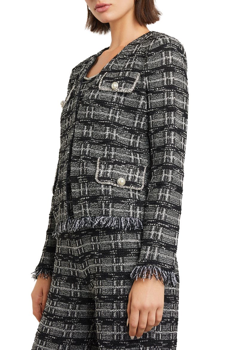 Rhinestone Accent Fringed Tweed Jacket, Alternate, color, BLACK/ NEW IVORY