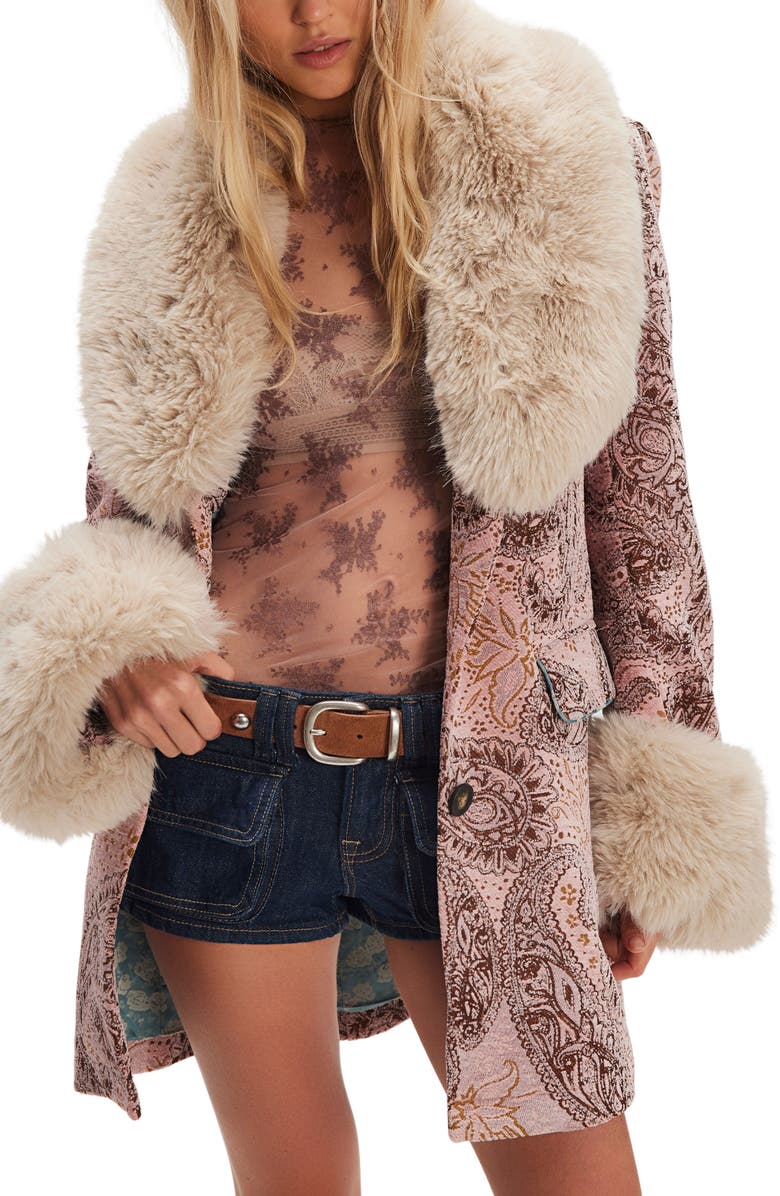 Free People Mercer Faux Fur Trim Tapestry Coat, Main, color,