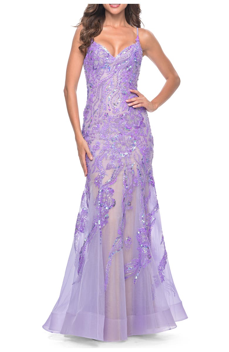 La Femme Mermaid Sequin and Beaded Embellished Prom Dress in Pastels, Main, color, Lavender