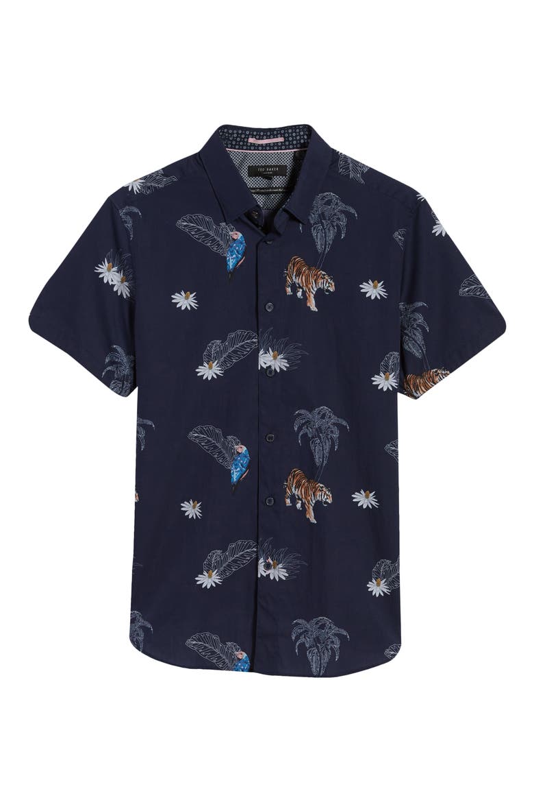 Bold Animal Print Slim Fit Short Sleeve Button-Up Shirt, Alternate, color, NAVY