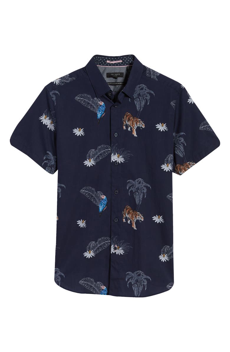 Ted Baker London Bold Animal Print Slim Fit Short Sleeve Button-Up Shirt, Alternate, color, 