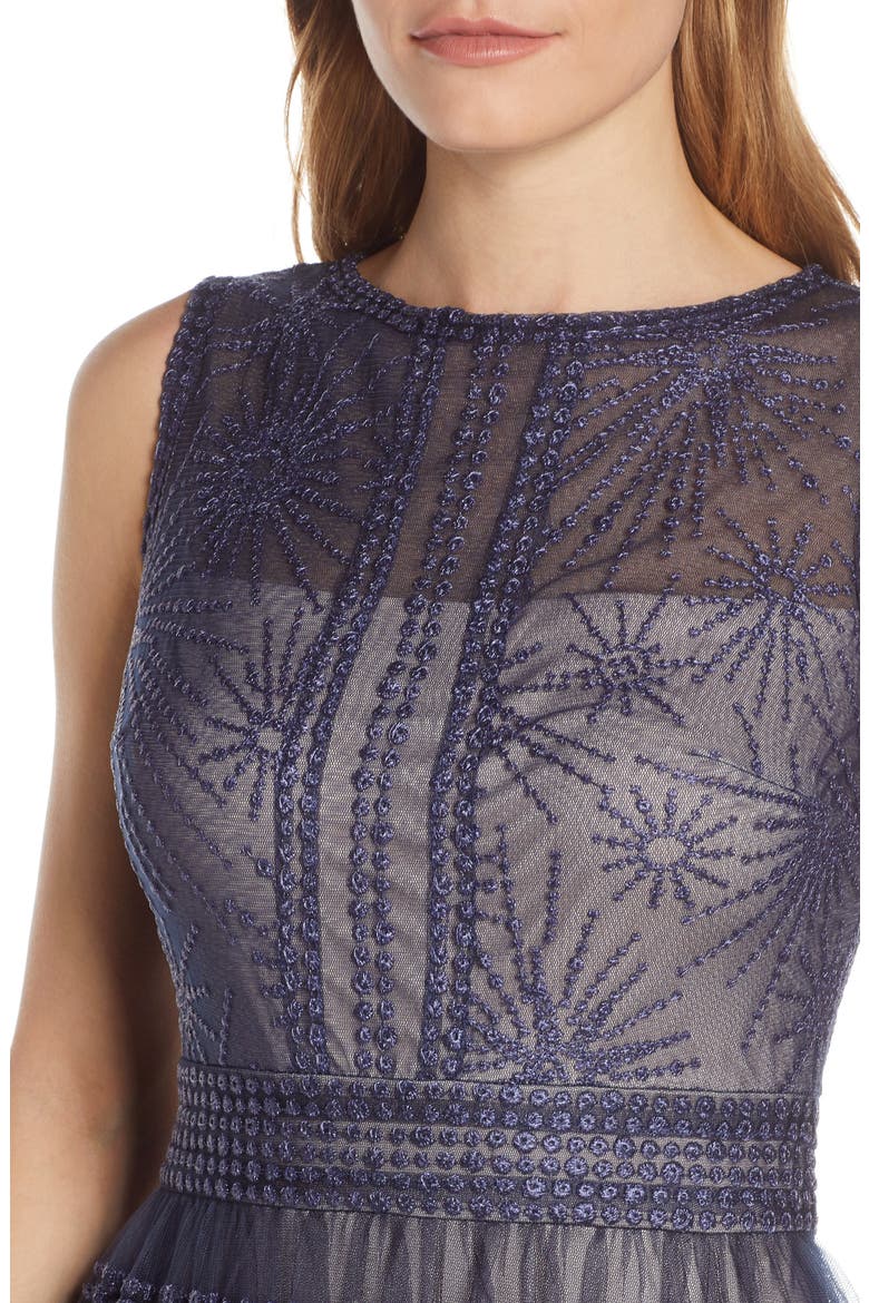 Embroidered Mesh Sleeveless Gown, Alternate, color, NAVY/ PETAL