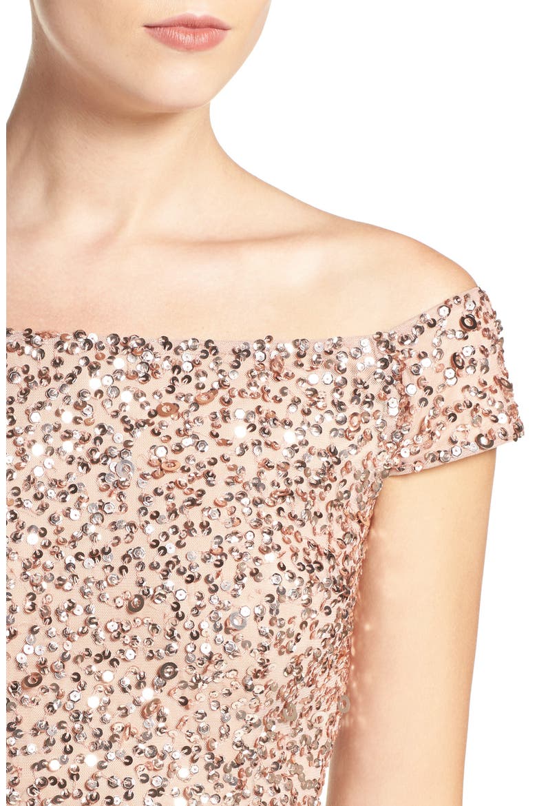 Off the Shoulder Sequin Sheath Dress, Alternate, color, ROSE GOLD