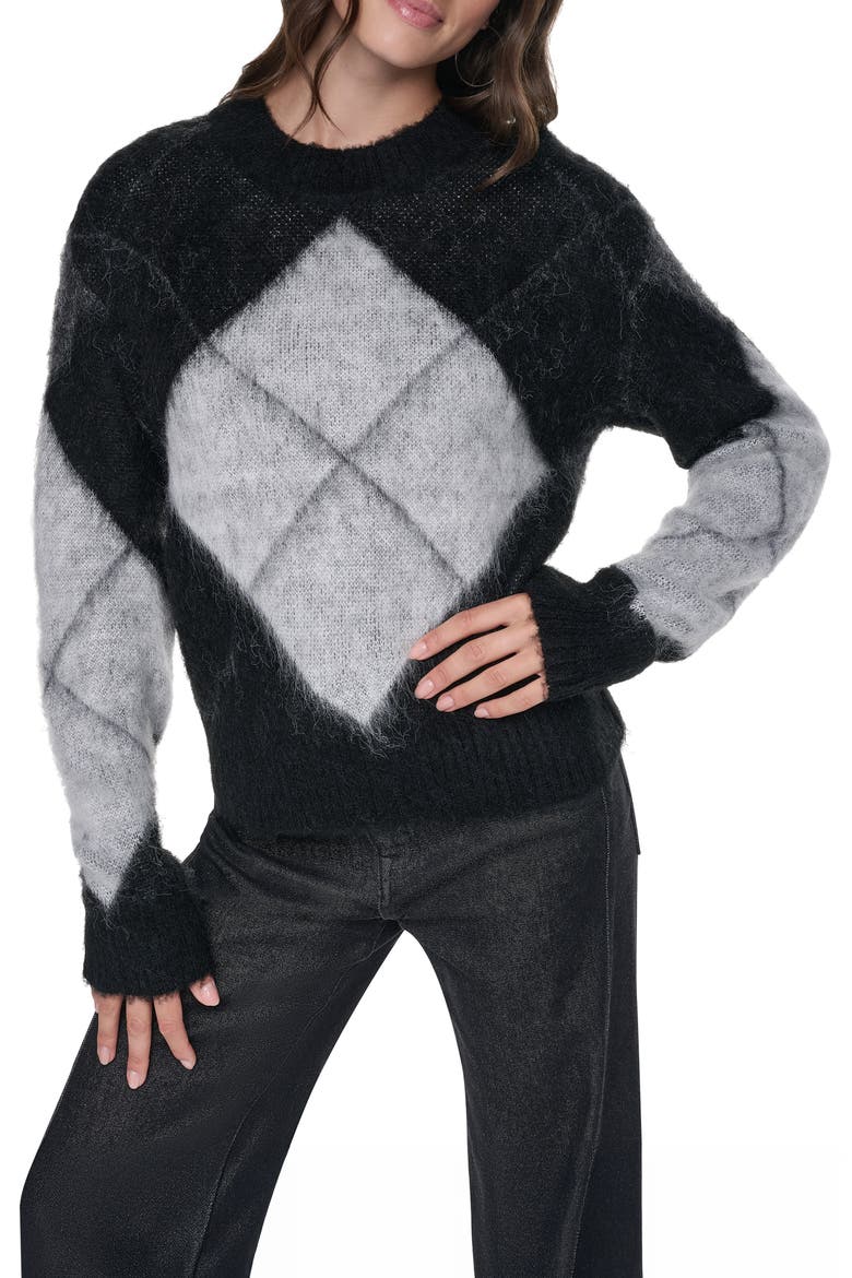 Brushed Argyle Intarsia Crewneck Sweater, Main, color, BLACK/ IVORY