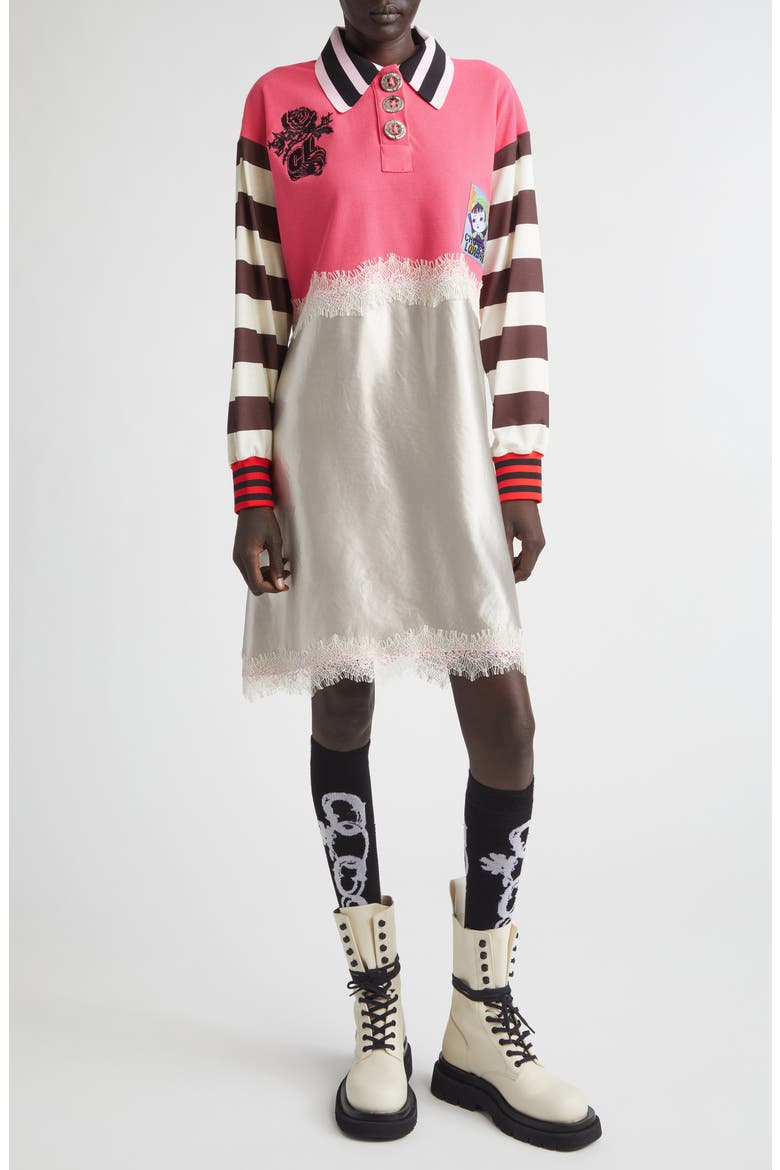 Long Sleeve Piqué & Satin Polo Dress, Main, color, PINK MULTI