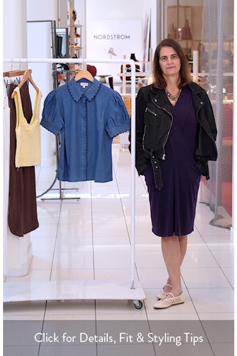 Scallop Trim Puff Sleeve Denim Placket Button-Up Shirt video