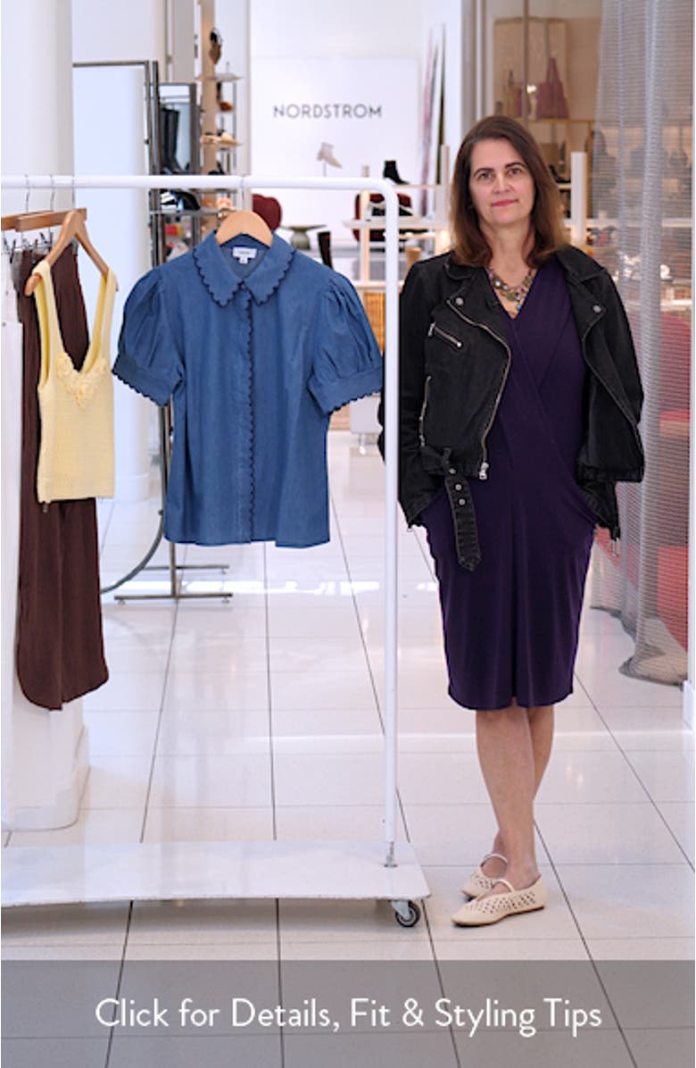 Scallop Trim Puff Sleeve Denim Placket Button-Up Shirt, sales video thumbnail