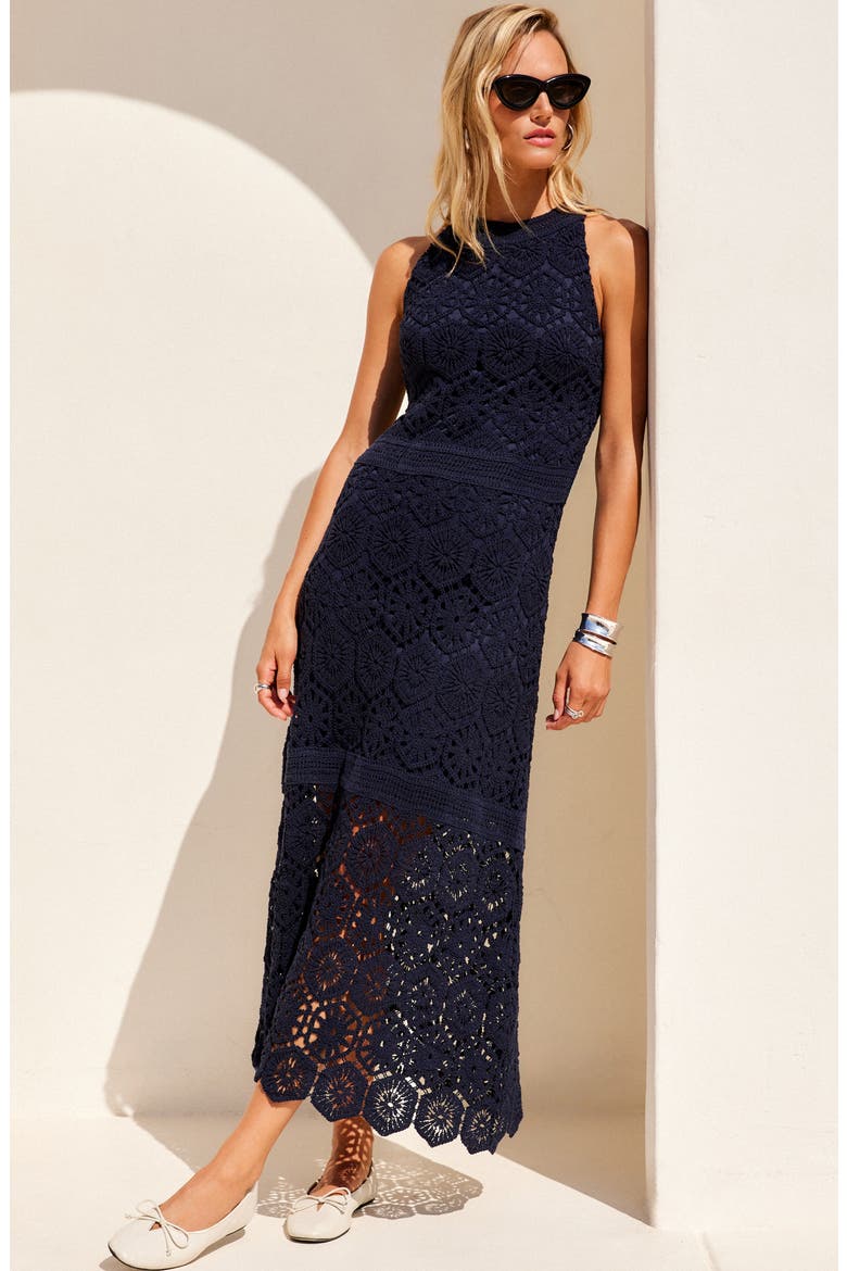 Londyn Crochet Midi Dress, Alternate, color, NAVY