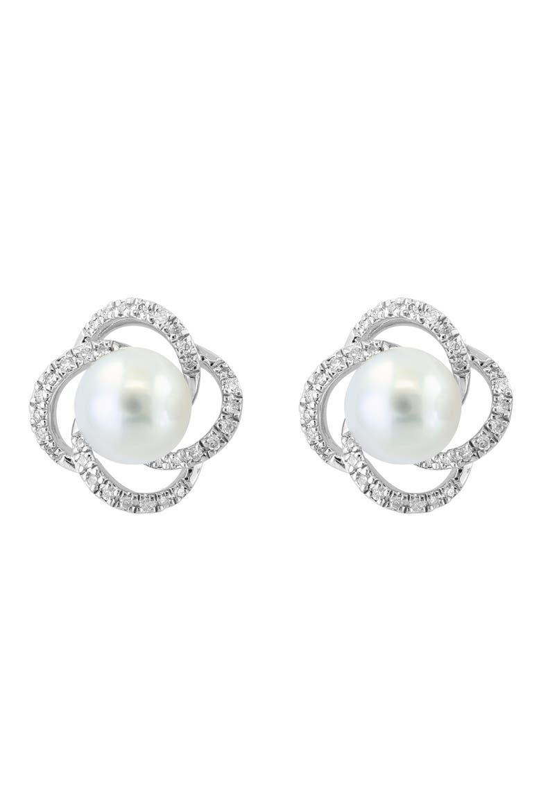 Sterling Silver Freshwater Pearl & Diamond Stud Earrings, Main, color, WHITE