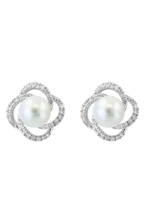 Sterling Silver Freshwater Pearl & Diamond Stud Earrings