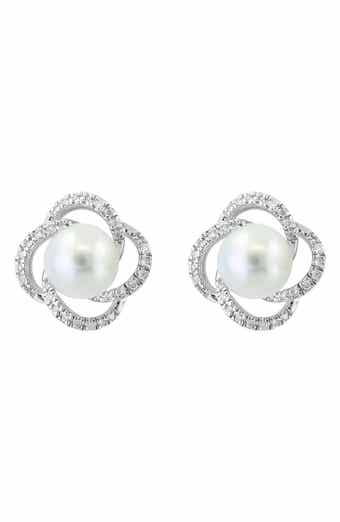 Sterling Silver Freshwater Pearl & Diamond Stud Earrings