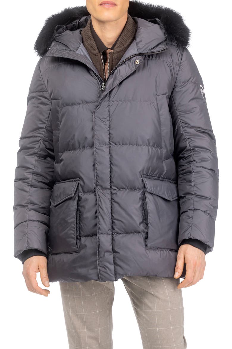 Mens Apres-Ski Jacket with Detachable Genuine Shearling Hood Trim, Main, color, ANTHRACITE/BLACK