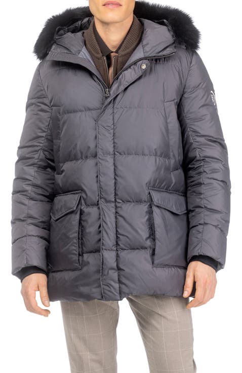 Mens Apres-Ski Jacket with Detachable Genuine Shearling Hood Trim