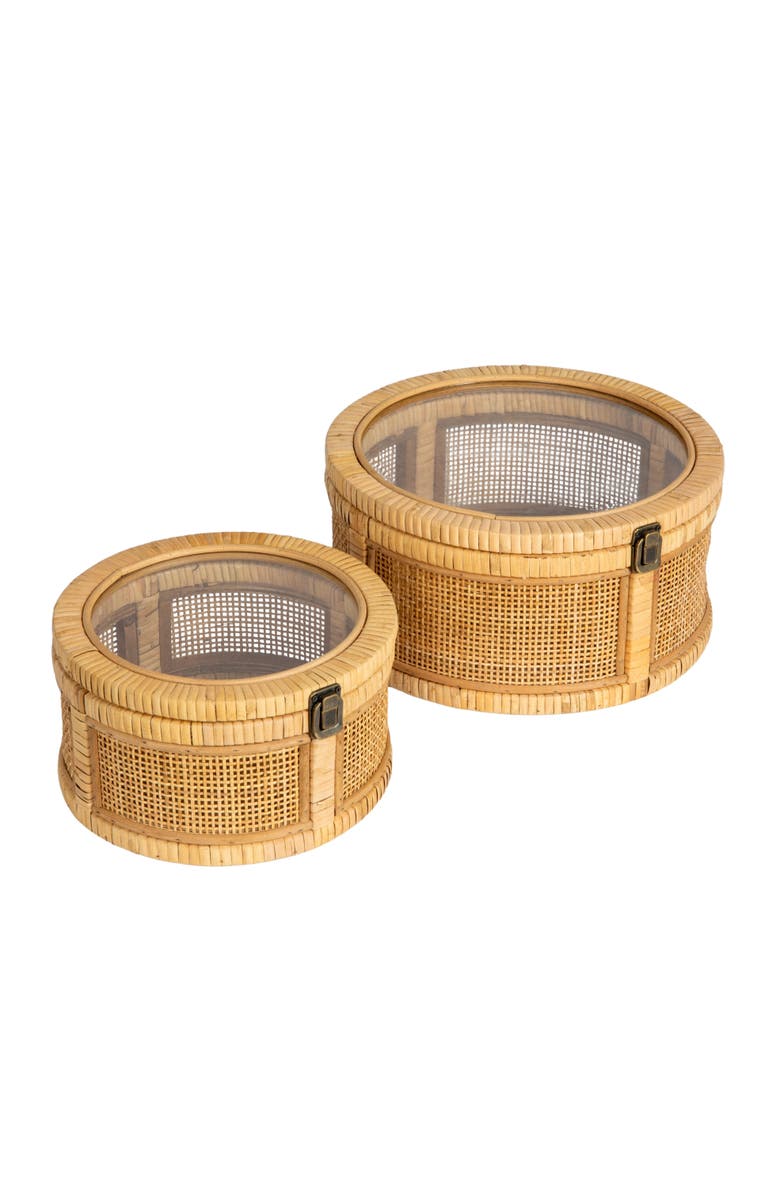 Storied Home Rattan and wood Nestable Round Storage with Glass Lids, Natural, Set of 2, Main, color, Natural
