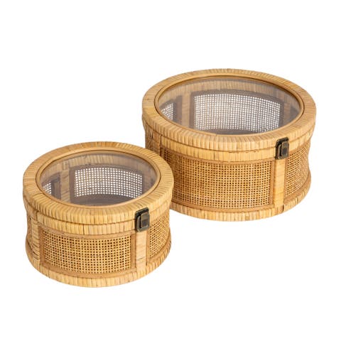 Rattan and wood Nestable Round Storage with Glass Lids, Natural, Set of 2