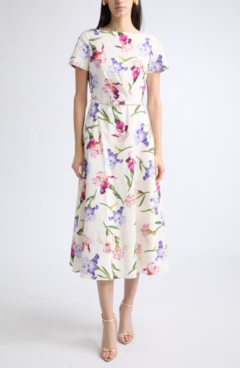 Iris Flower Cotton Stretch Poplin Midi Dress