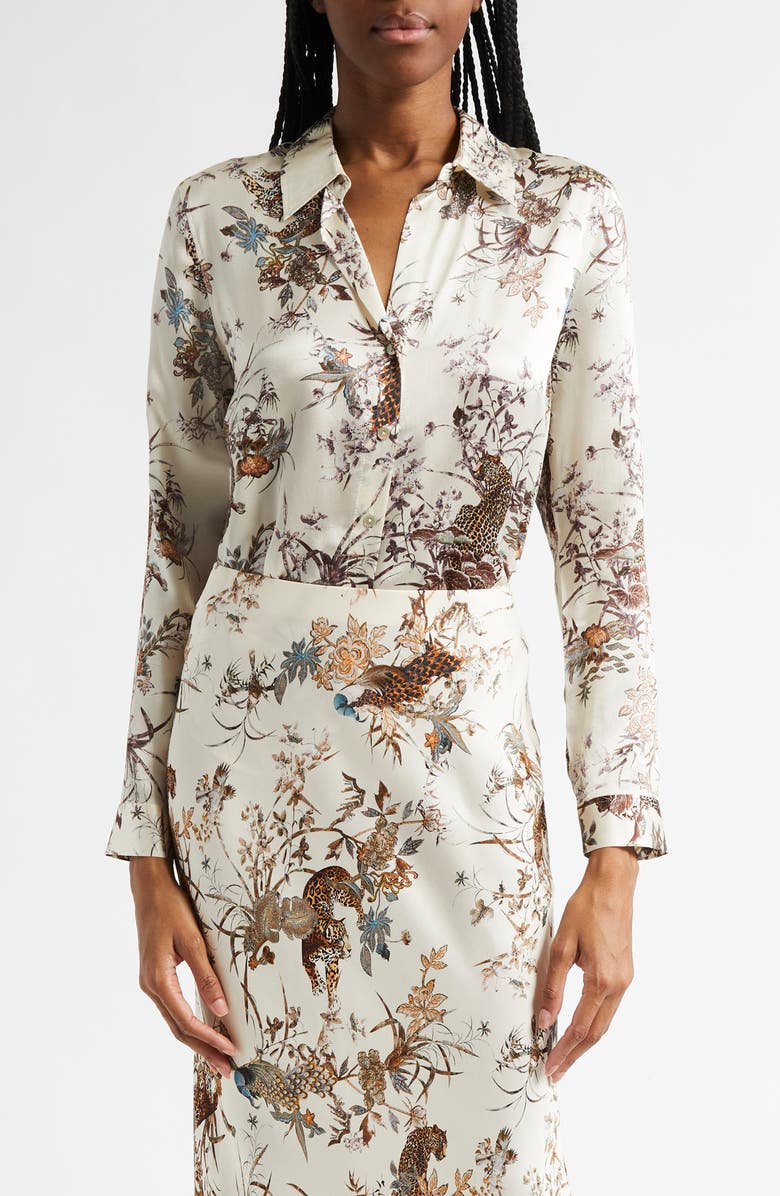 L'AGENCE Tyler Jungle Tapestry Print Silk Button-Up Shirt, Main, color, Ecru Multi Tapestry Jungle