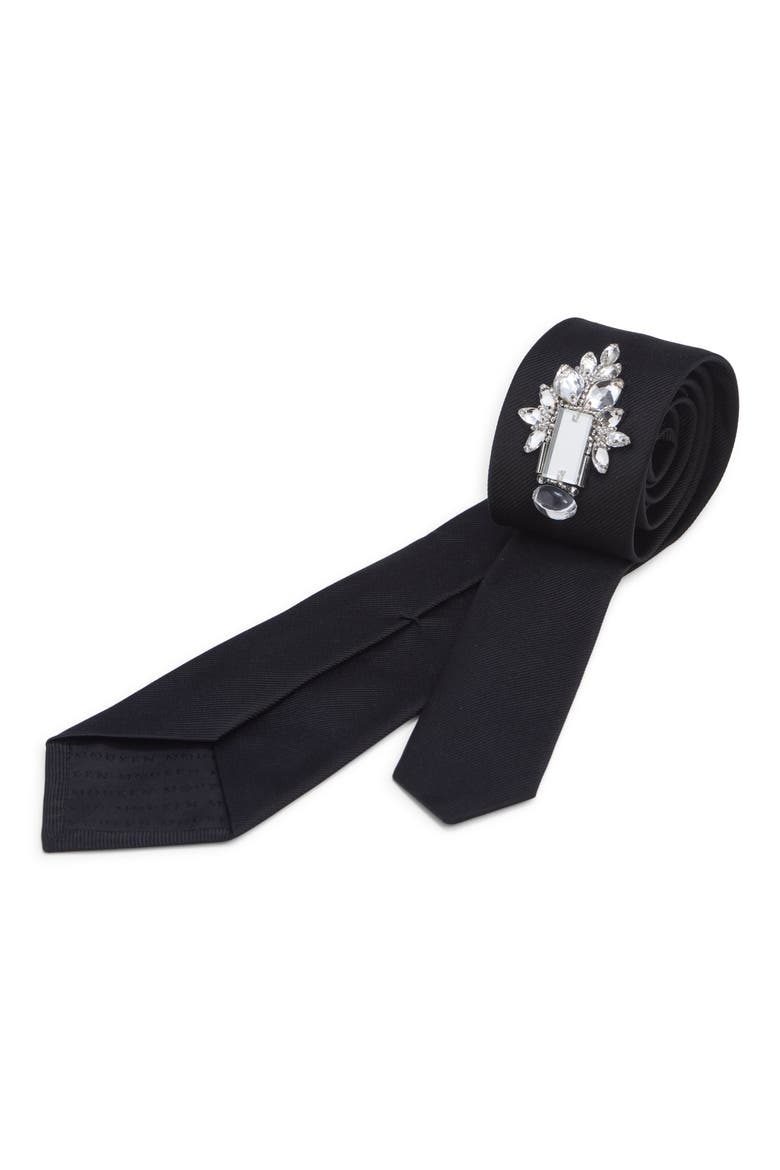 Crystal Embellished Silk Twill Tie, Alternate, color, BLACK