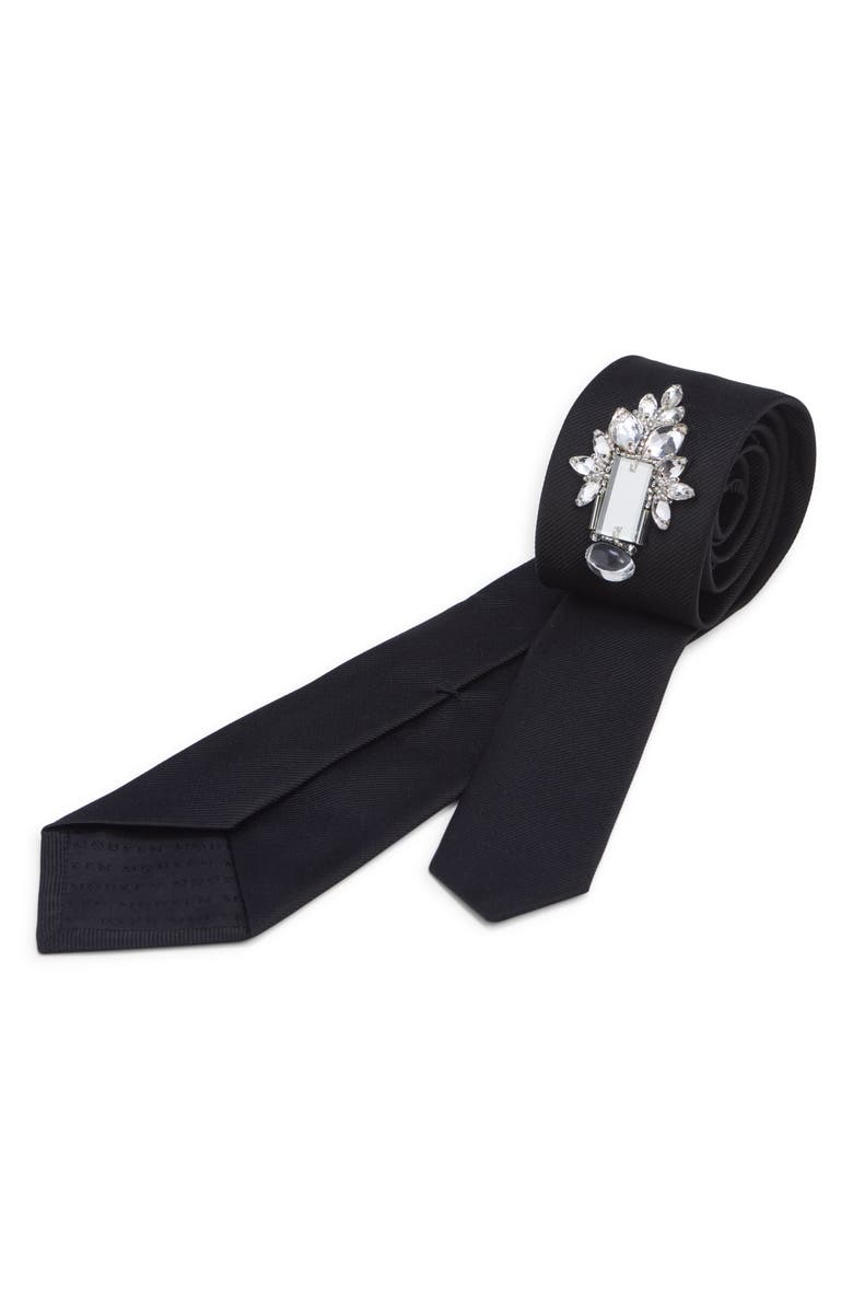 McQueen Crystal Embellished Silk Twill Tie, Alternate, color, Black