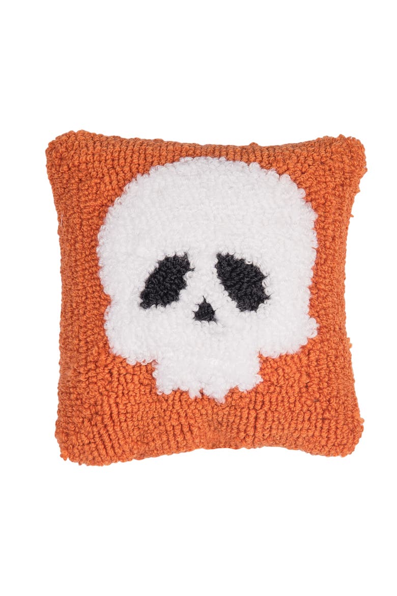 Skull Motif Mini Throw Pillow Hooked Halloween Accent Pillow 8" x 8", Main, color, Orange
