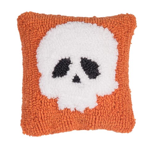 Skull Motif Mini Throw Pillow Hooked Halloween Accent Pillow 8" x 8"