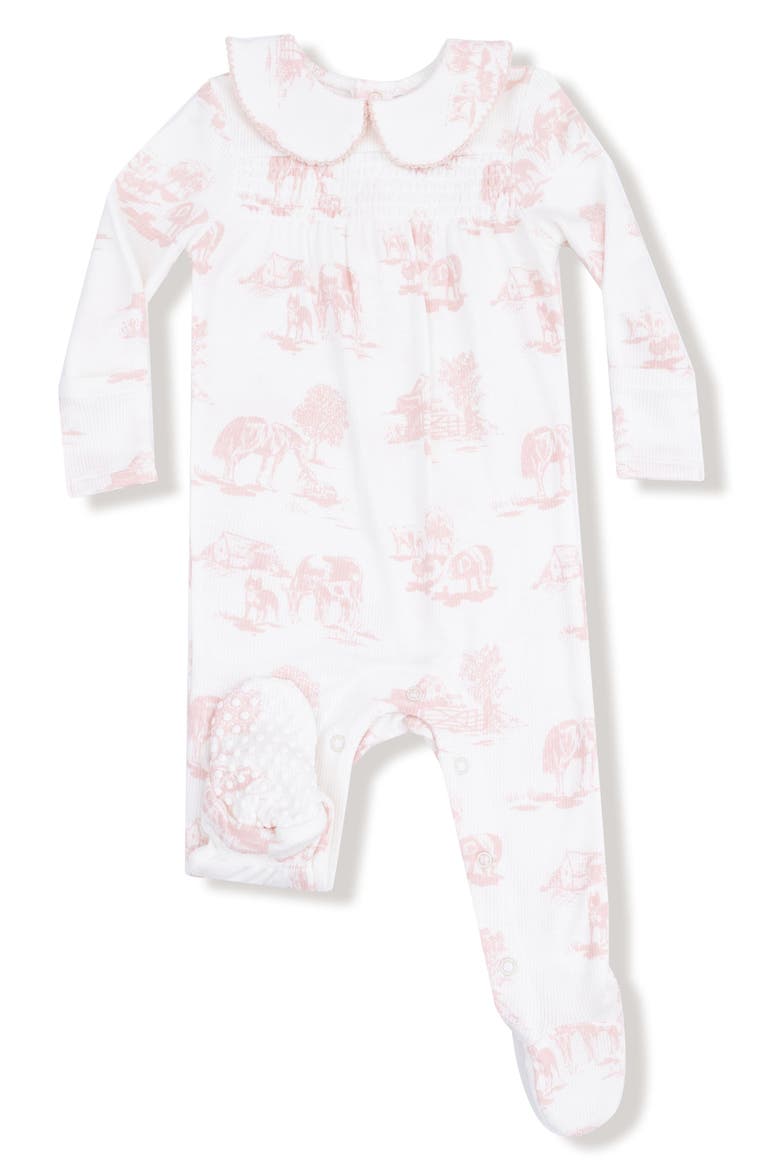 Farm Toile Print Peter Pan Collar Footie, Main, color, WHITE/ PINK