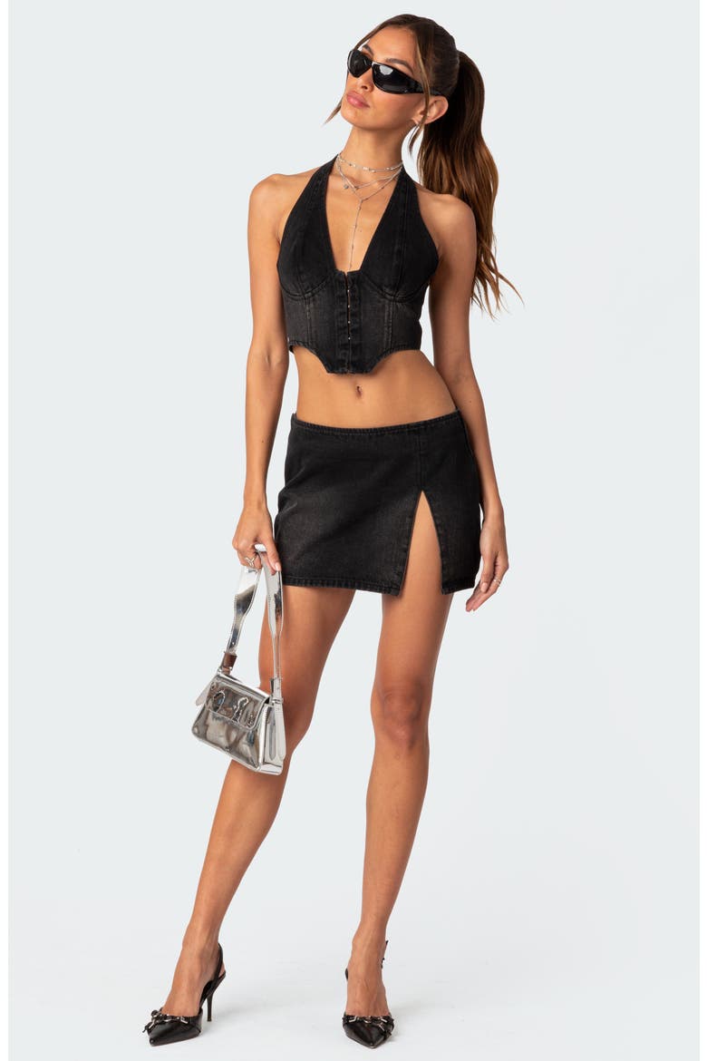 Katrina Lace-Up Denim Corset Halter Top, Alternate, color, BLACK-WASHED
