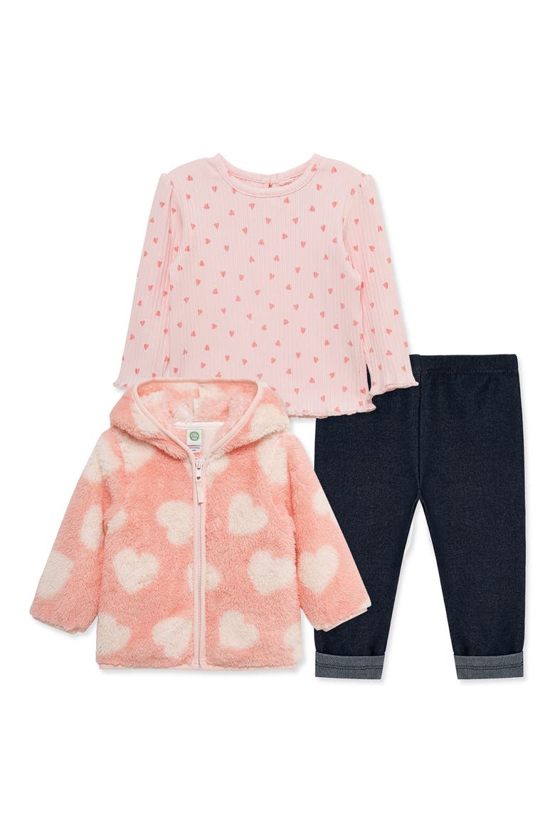 Heart High Pile Fleece Jacket, T-Shirt & Knit Jeans Set, Main, color, PINK
