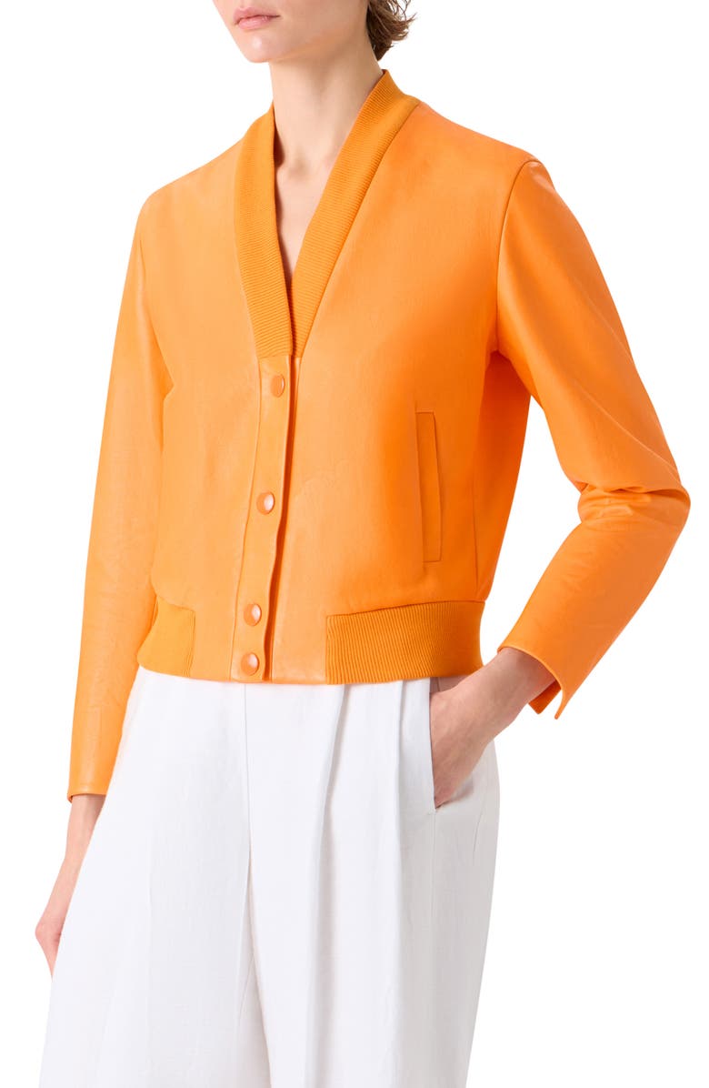 Akris punto Crinkle Napa Leather Bomber Jacket, Alternate, color, Orange