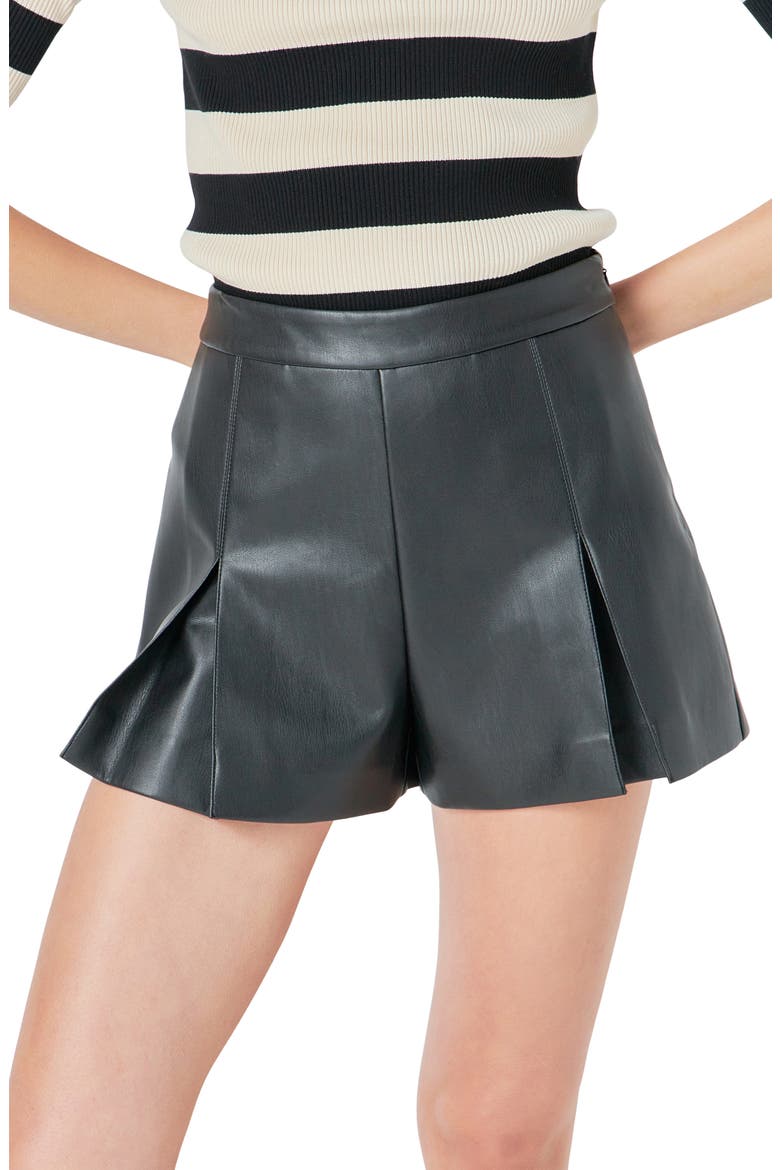 Pleated Faux Leather Shorts, Alternate, color, BLACK