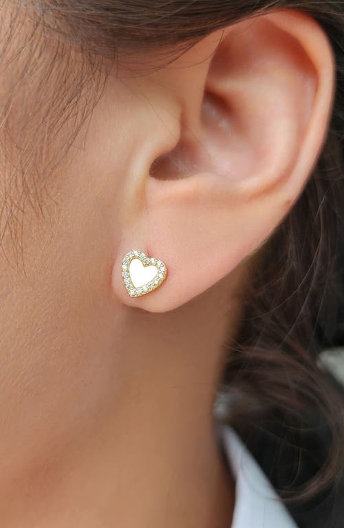 Adornia 14k Gold Plated Mother Of Pearl Mini Halo Cz Heart Studs In Gold