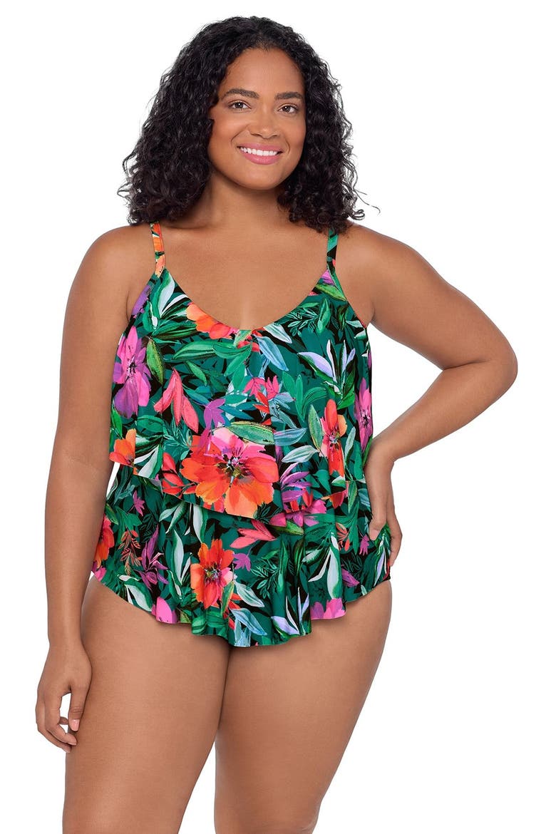 Ronnie 2 Tier Ruffle Plus Size Tankini Swimsuit Top, Alternate, color, Lush Paradise