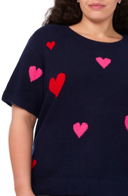 Cece All Over Heart Short Sleeve Sweater In Blue
