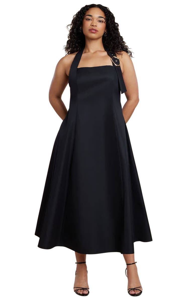 ELOQUII Buckle Neckline Maxi Dress, Main, color, Black Onyx