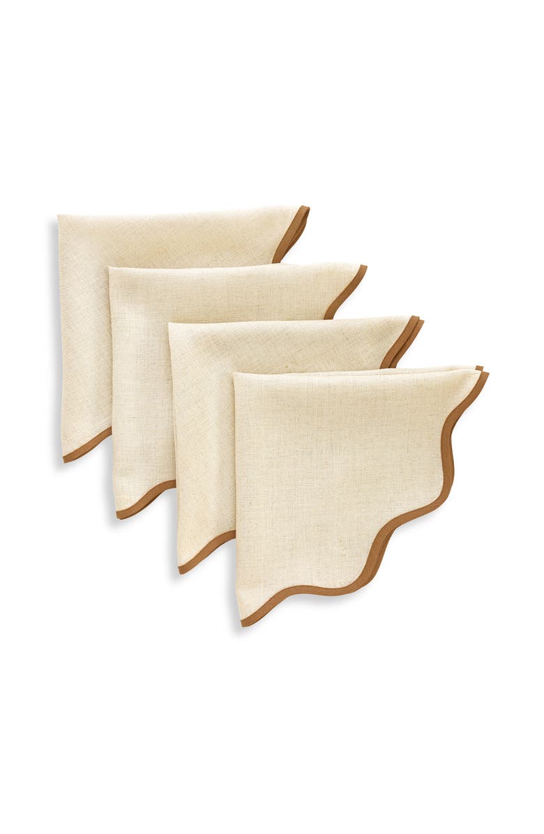 Solino Home Linen Dinner Napkins Set of 4, 20 x 20 Inch for Dining Table, Holiday and Everyday Table Decor - Giselle Scallop Edge, Main, color, Brown Sugar And Natural