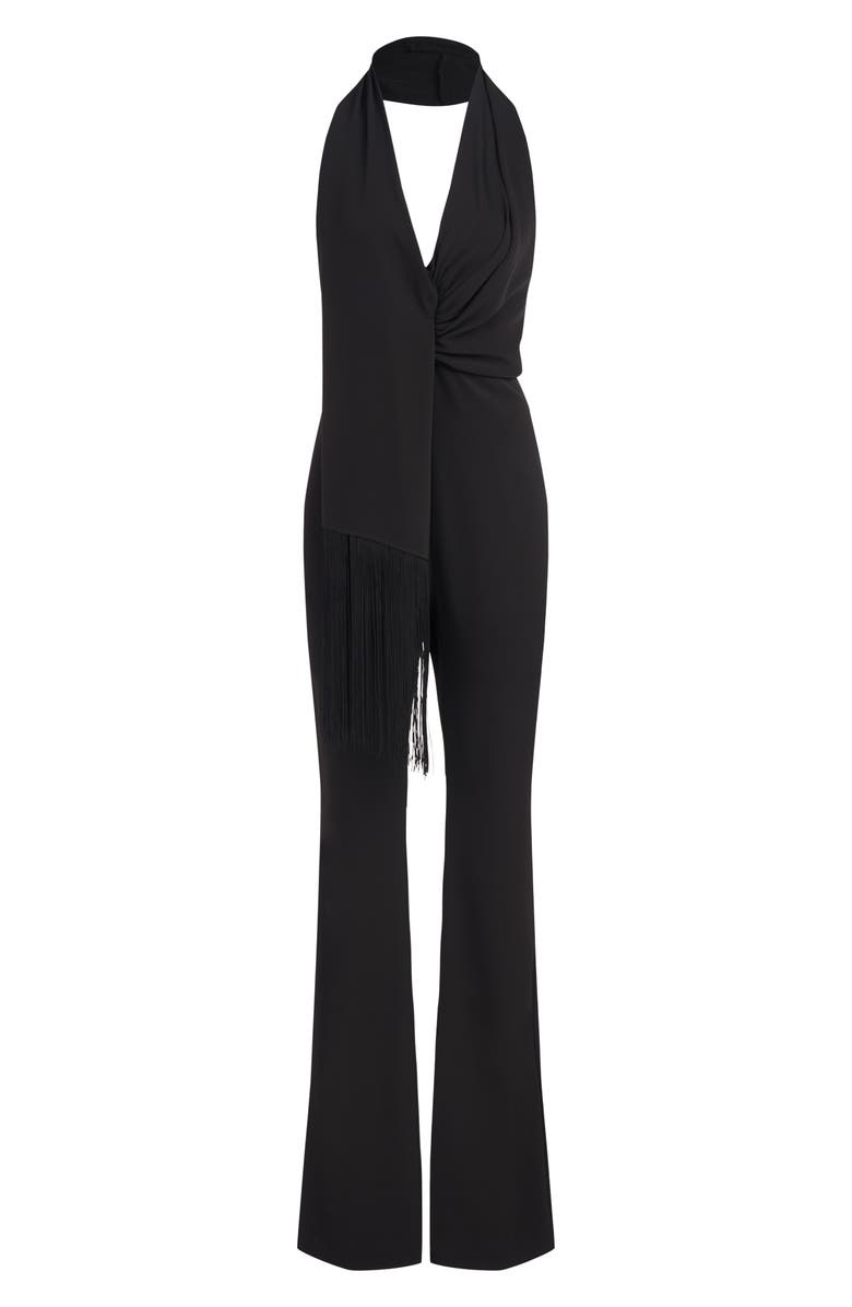 HALSTON Tamra Fringe Crepe Halter Jumpsuit, Alternate, color, 