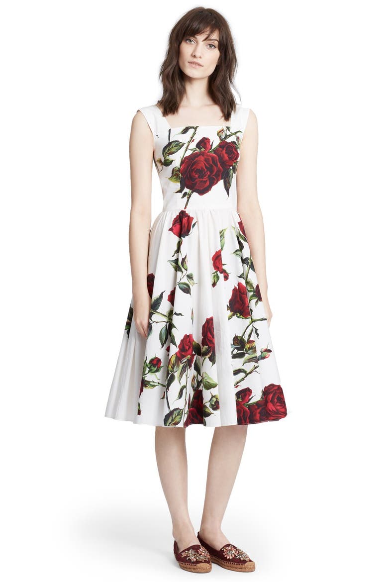 Rose Print Pleated Poplin Tank Dress, Main, color, WHITE/ RED