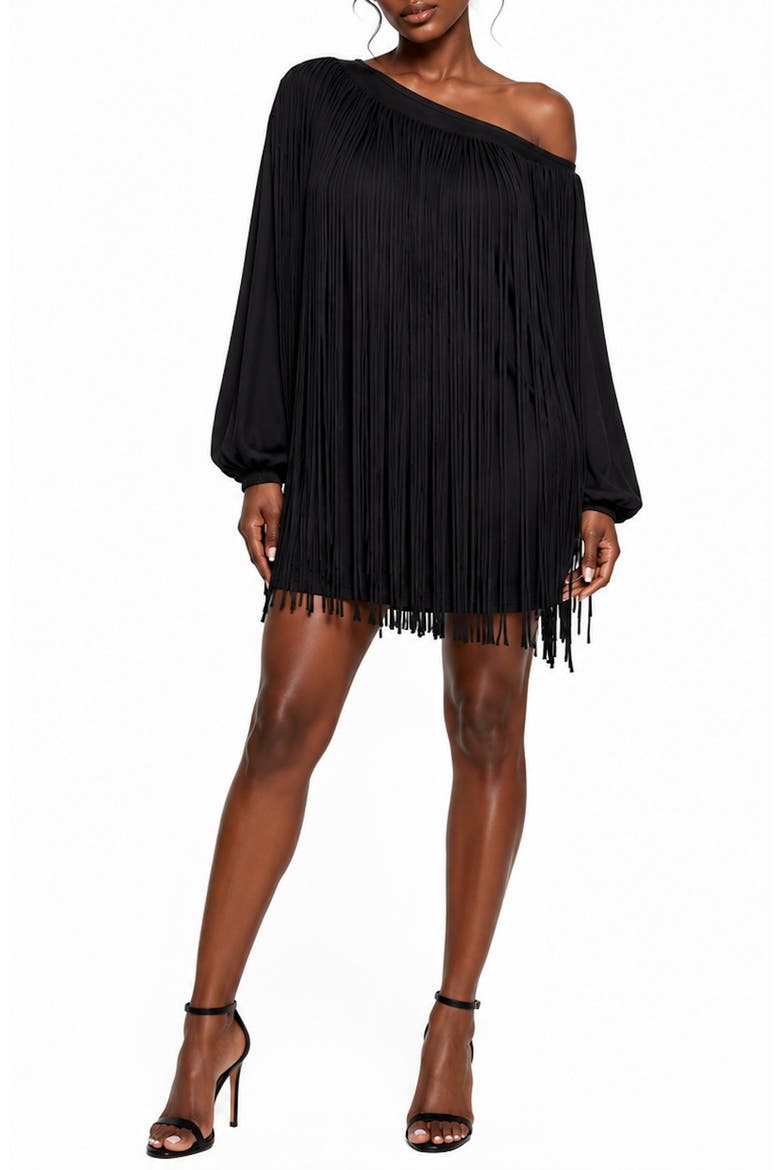 Off the Shoulder Fringe Minidress, Main, color, BLACK