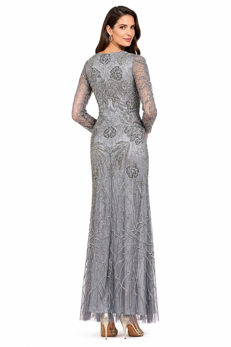 High Neck, Long Sleeve Beaded Gown, Alternate, color, Medium Grey