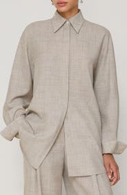 Lafayette 148 New York Oversize Tropical Wool Blend Shirt with Removable Crystal Embellished Collar