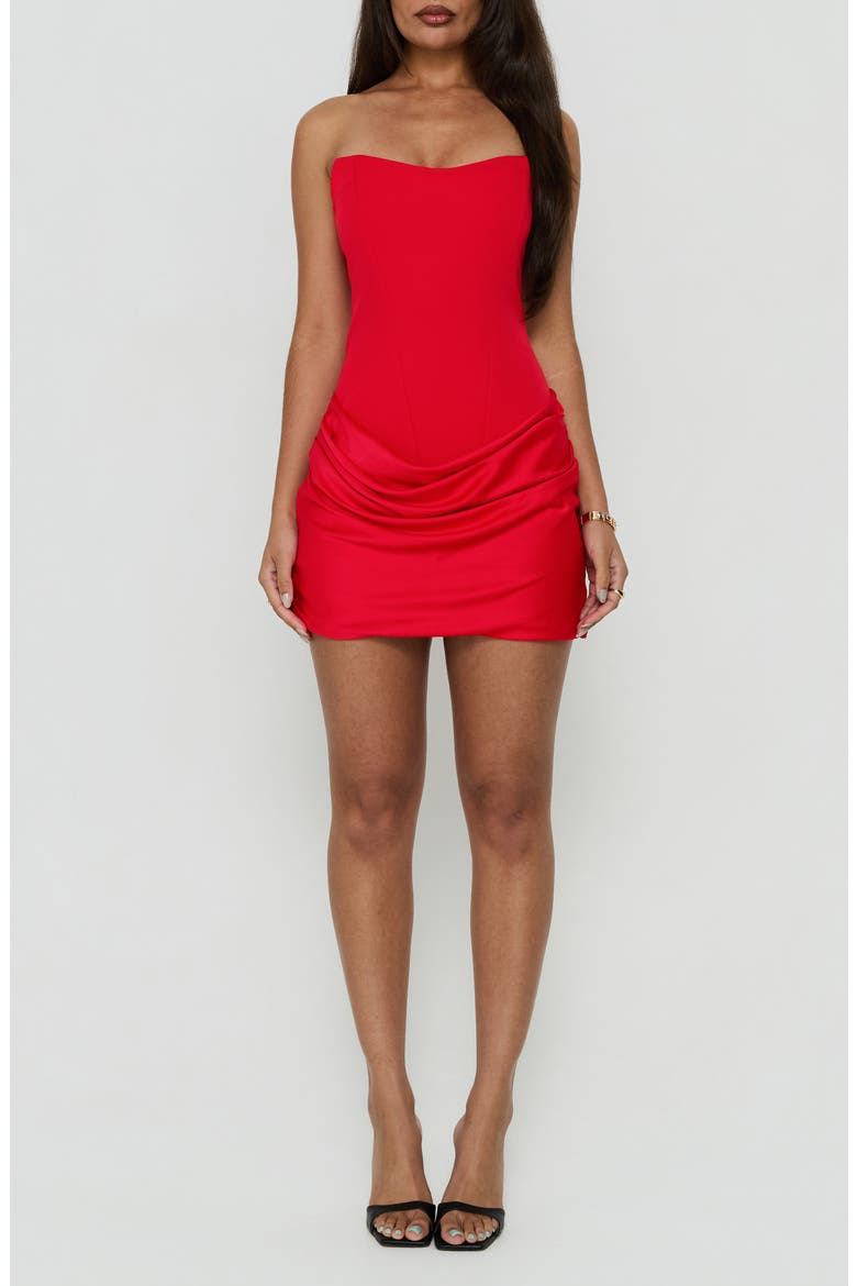 Delmina Strapless Satin Drop Waist Minidress, Main, color, RED