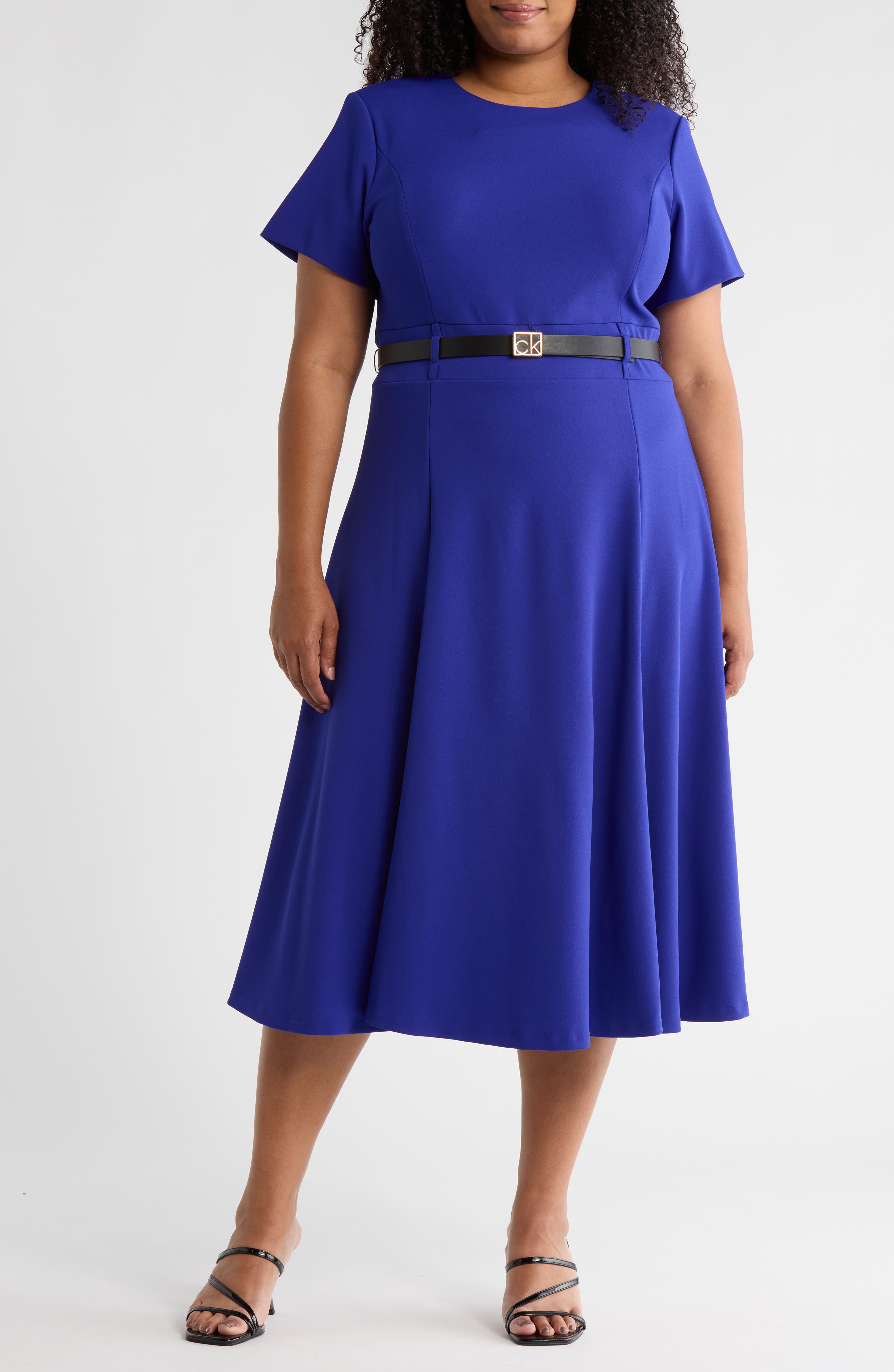 Calvin Klein Short Sleeve Belted A-Line Midi Dress