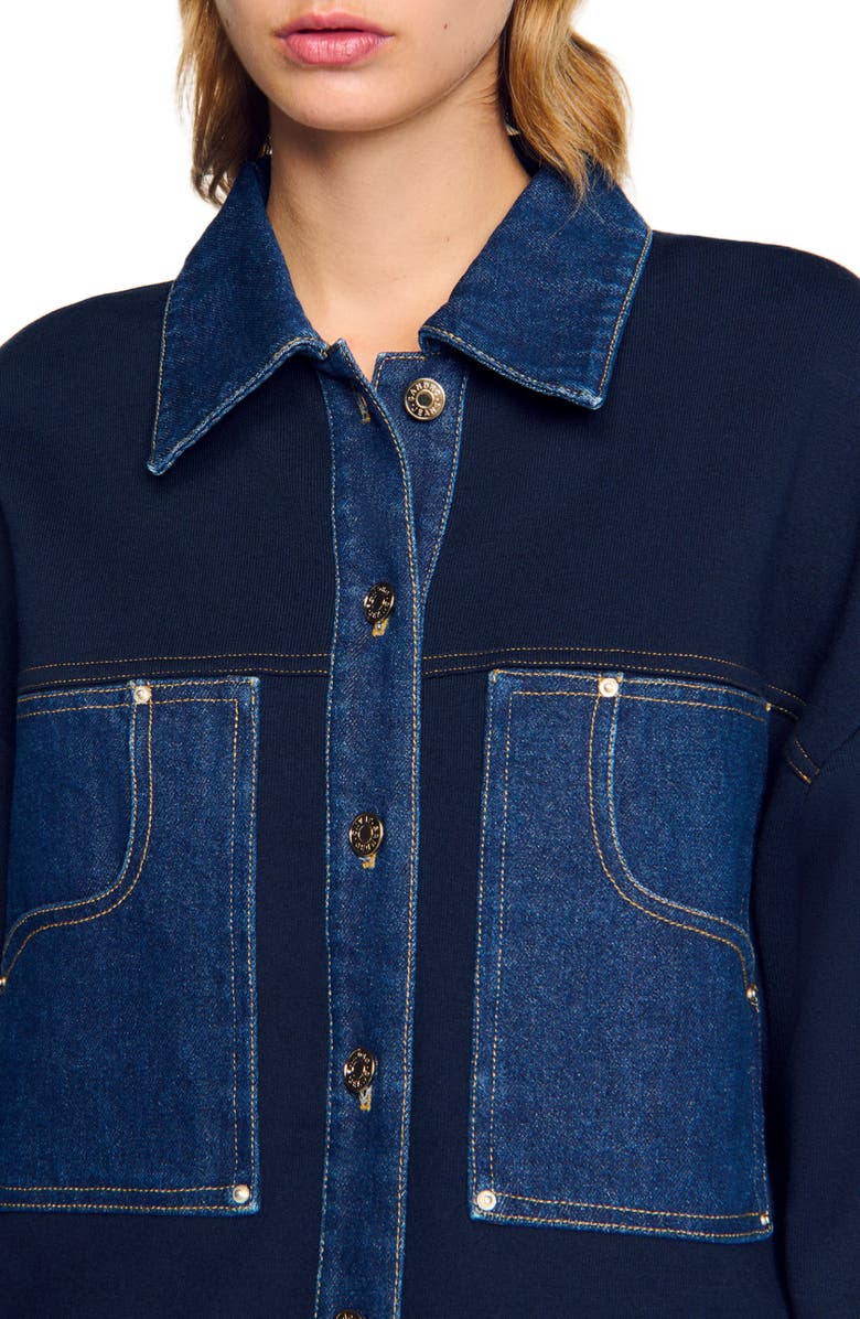 SANDRO Denim detail cardigan, Alternate, color, Navy Blue