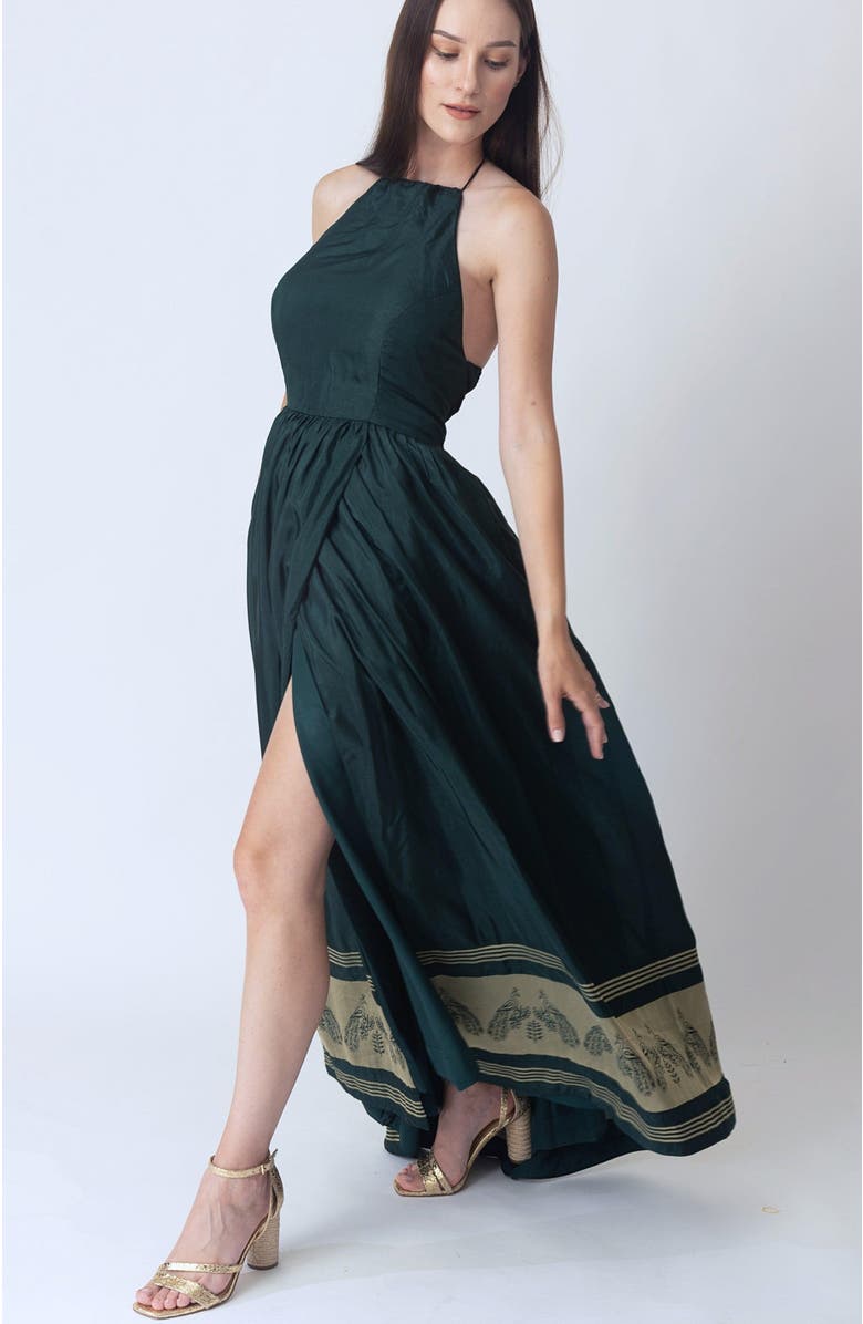RAAS Ceres Halter Long Dress with Slit, Alternate, color, Green