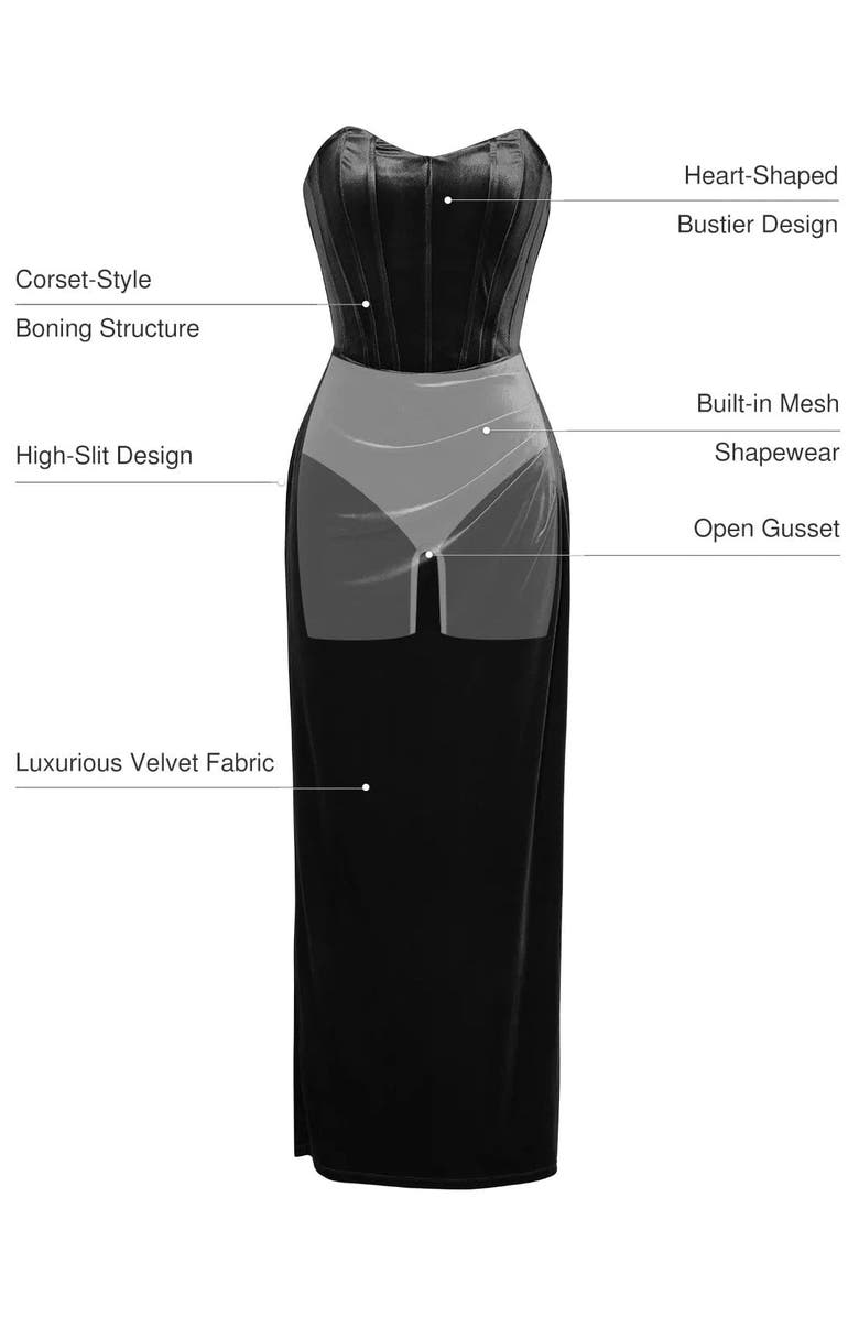 Popilush Strapless Velvet Ruched Sculpting Corset Gown, Alternate, color, Classic Black