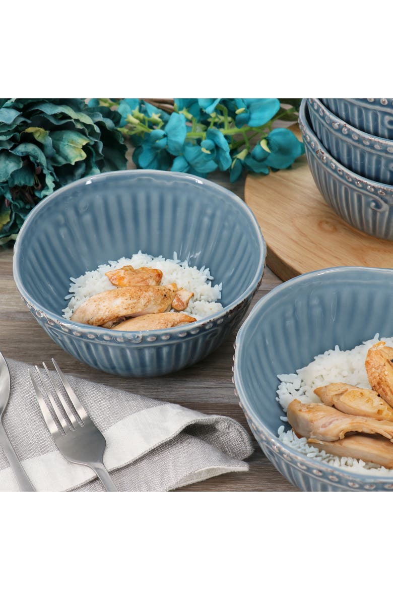 Capri 6 piece 6in Stoneware Embossed Cereal Bowl Set, Alternate, color, Blue