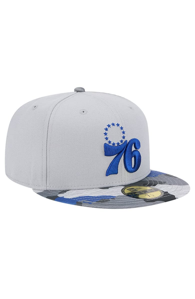 New Era Men's New Era Gray Philadelphia 76ers Active Color Camo Visor 59FIFTY Fitted Hat, Alternate, color, Gray