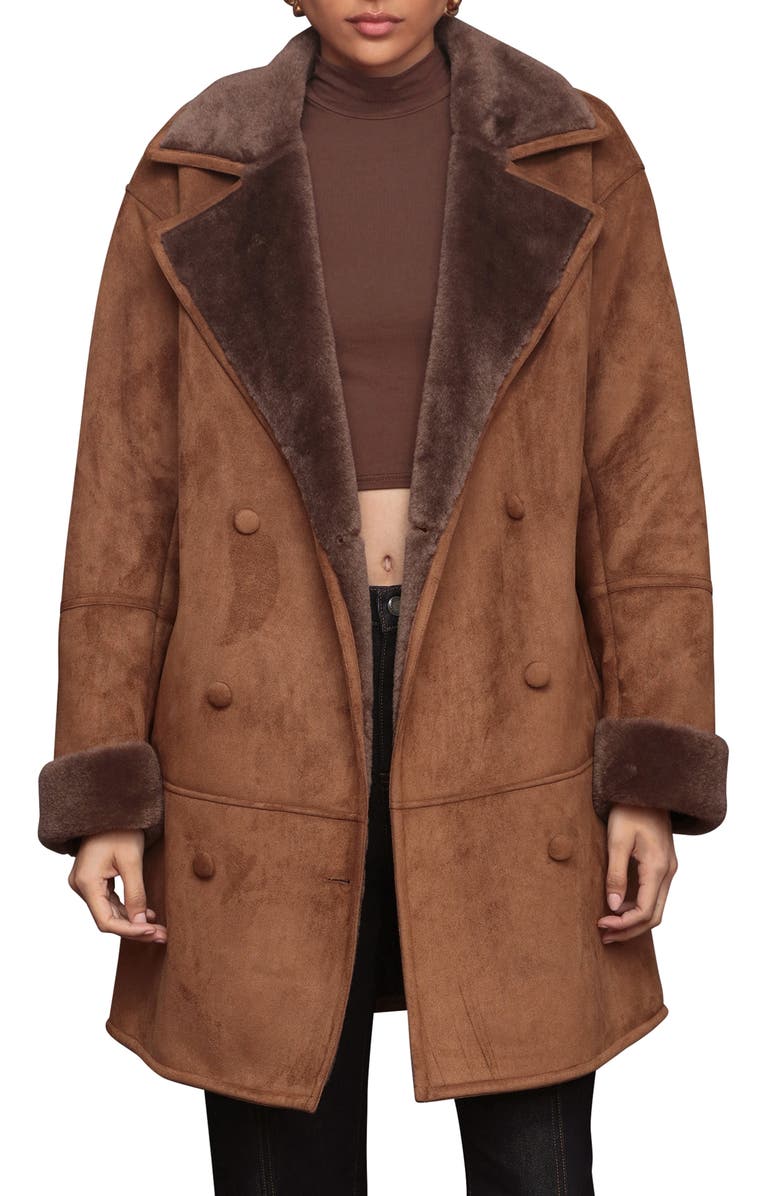 Avec Les Filles Double Breasted Faux Shearling Coat, Alternate, color, Bourbon