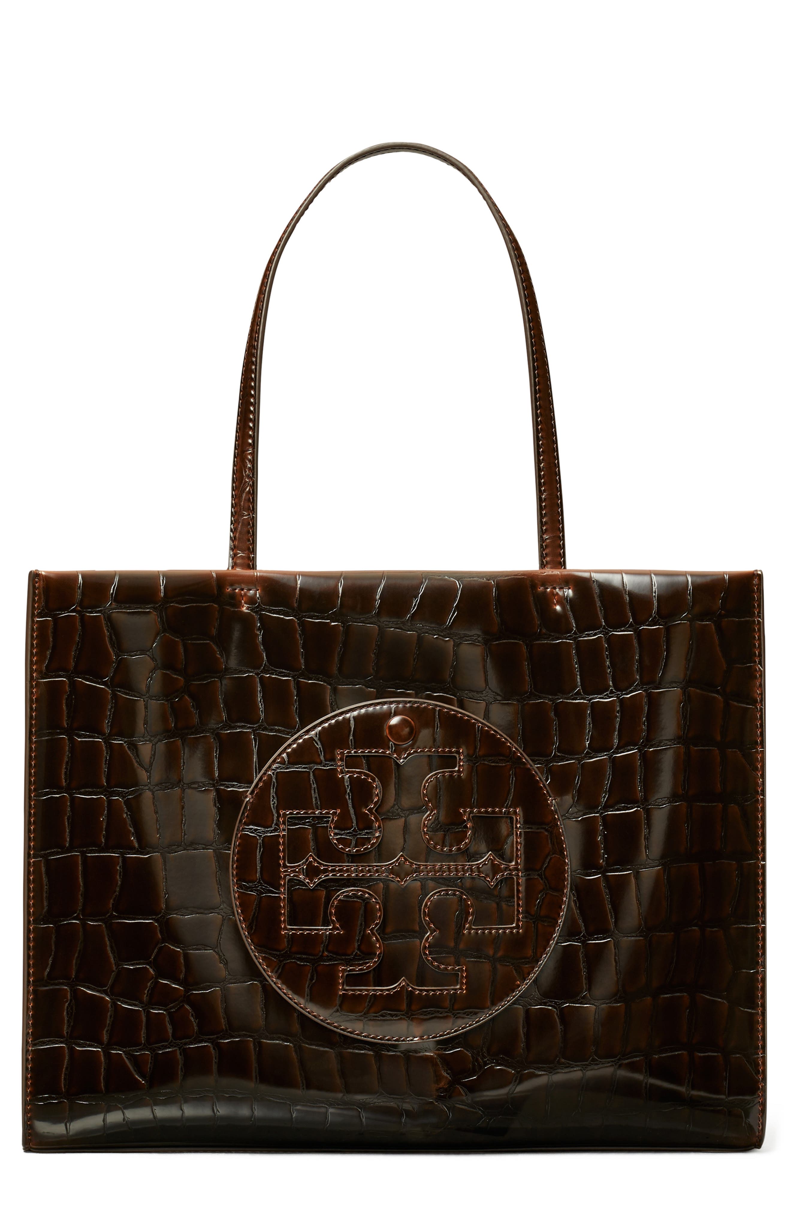 Small Ella Croc Embossed Leather Tote, Main, color, BROWN