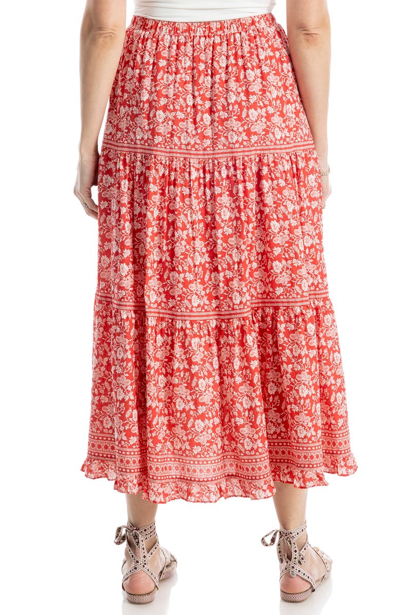 MAX STUDIO Floral Wreath Print Tiered Cotton Blend Maxi Skirt, Alternate, color, Washed Red Vintage Stencil